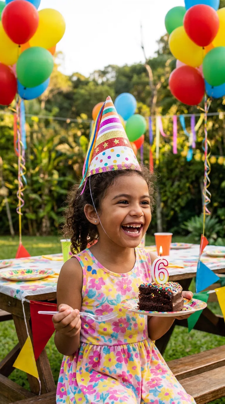 Festa de aniversário infantil com balões, bandeirinhas e bolo com vela